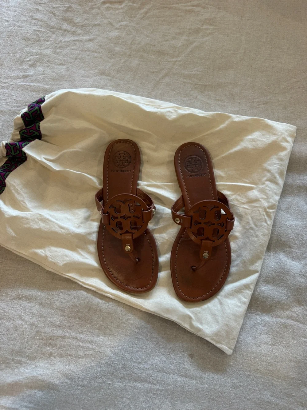 Tory Burch Brown Leather Miller Thong Sandals with Logo Medallion